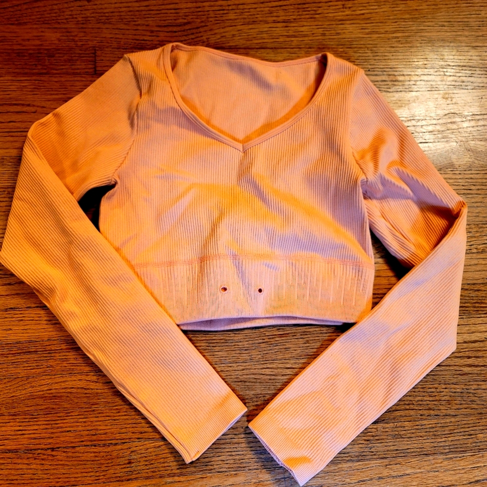 Peach Long Sleeve Stretchy V neck Crop Top